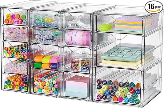 Vtopmart 4 Set Clear Desk Organizer, Pen Organizer with 16 Drawers, Acrylic Desktop Organization and Storage for Office Supplies, Pen, Makeup, Art Craft, Jewelry