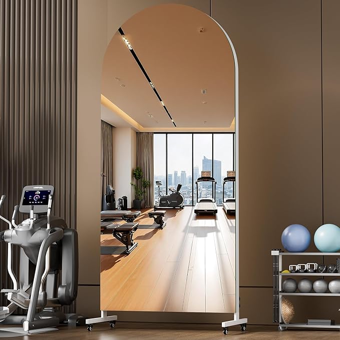 Hasipu 75" x 32" Arched Rolling Home Gym Mirror with Wheels, 360° Swivel Body Mirror with HD Tempered Glass, Large Floor Mirror for Yoga Room, Dance Studio, Bedroom & Home Gym
