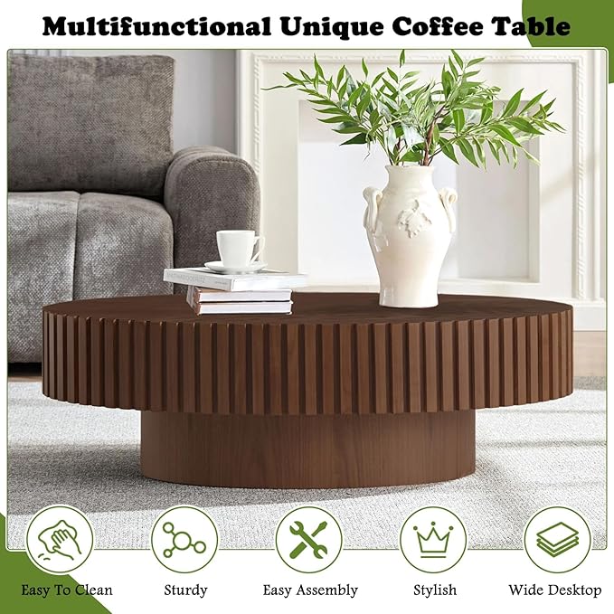 Oval Coffee Tables for Living Room 43.3" Olive-Shaped Fluted Coffee Table with Sturdy Pedestal Modern Wood Drum Coffee Table Contemporary Center Table for Farmhouse Apartment (Oval Walnut)