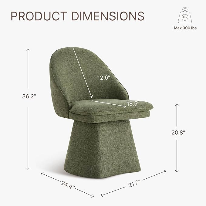 Swivel Dining Chairs Set of 2, Upholstered Mid Century Modern Deskchair with Round Back, Linen Fabric Kitchen Chairs for Dining Room, Bedroom, Dressing Room, Moss Green