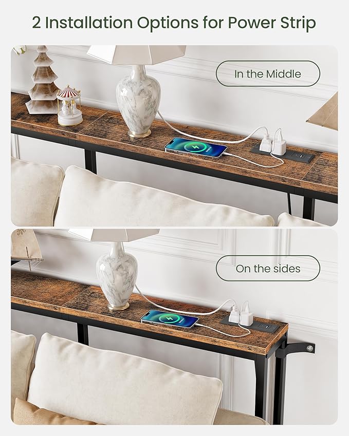 78.7" Console Table with Charging Station, Narrow Long Behind Couch Table, with 2 AC Outlets, 1 USB-A Port and 1 Type-C Port Rustic Brown and Black TXG30UBF