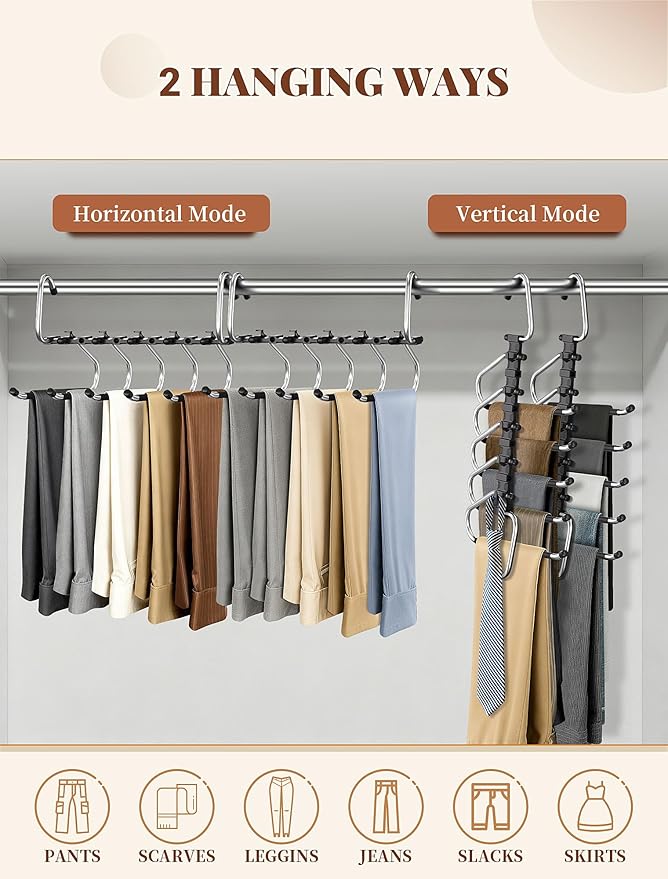 Pants Hangers 2 Pack Space Saving Metal Closet Organizer, Anti-Slip Design, Multi-Layer Space Saving Hangers, Closet Organizers and Storage for Jeans, Trousers, Skirts, Scarves, Slacks, Black