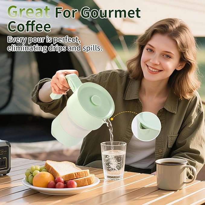 Travel Electric Kettle-Collapsible Portable Electric Kettle, 600W Foldable Small Water Boiler with 4-Temp Presets, Food Grade Silicone for Hotel, Office, Camping (Green, 600mL)