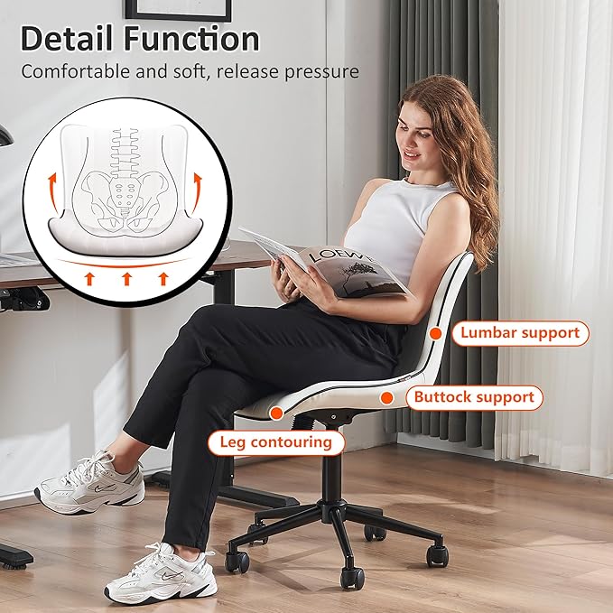 Kidol & Shellder White Leather Home Office Desk Chair with Wheels Modern Cute Armless Executive Swivel Vanity Chair with Comfy Padded Back Ergonomic Rolling Adjustable Computer Task Chair Small