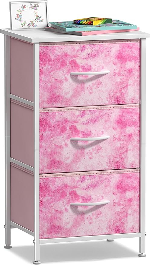 Sorbus Nightstand Storage Organizer Chest with 3 Drawers - Kids Girls, Boys Bedroom Furniture Chest for Clothes, Closet Organization - Steel Frame, Wood Top, Tie-dye Fabric Bin (3-Drawer, Pink)