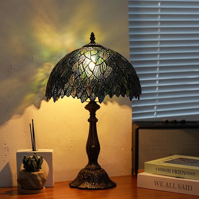 Tiffany Lamps Brownish Green Leaves Style Stained Glass Table Lamp Desk Bedside Reading Light 12X12X18.5 Inches with Bronze Resin Base Applicable to Bedroom Living Room Office