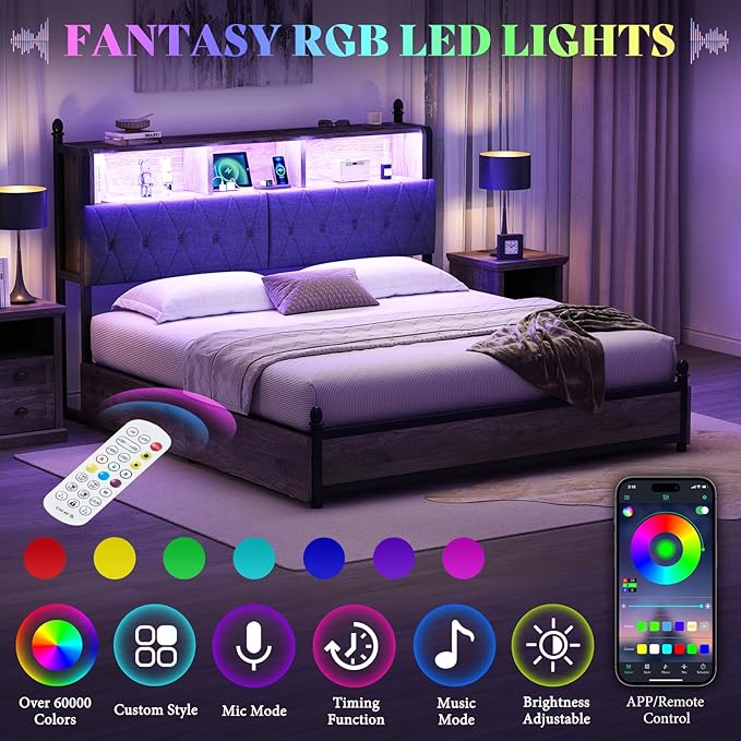 AMERLIFE King Size Bed Frame with Bookcase Headboard and 4 Storage Drawers, Wooden Platform Bed with Charging Station and LED Light, No Box Spring Needed/Noise-Free, Gray