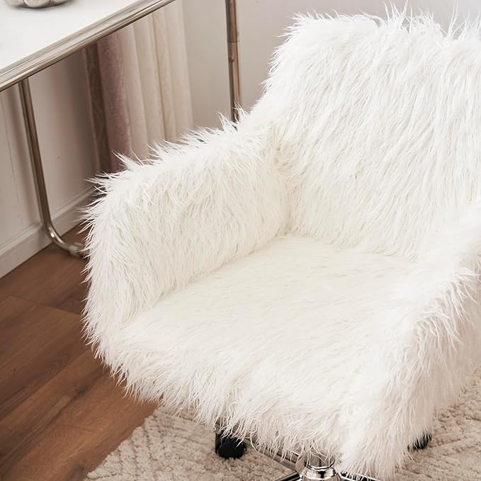 Goujxcy Fluffy Desk Chair, White Faux Fur Vanity Chair Swivel Office Chair for Girls Women, Height Adjustable Cute Plush Furry Makeup Chairs for Bedroom Home Office