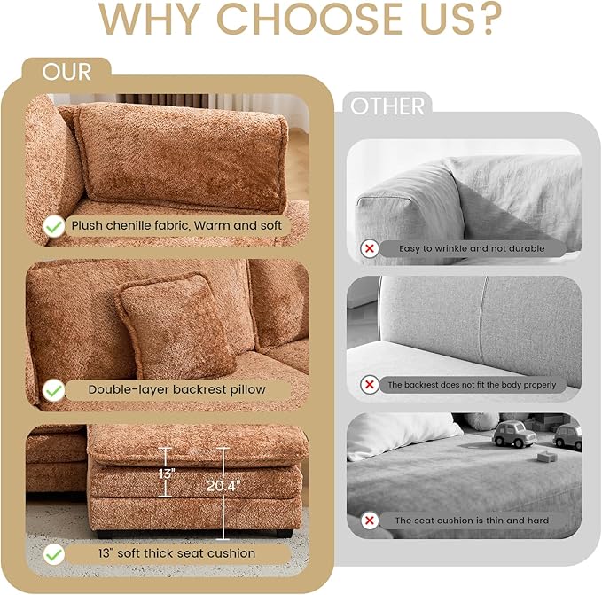 147.8" U Shaped Modular Sectional Sofa, Comfy Cloud Couch with Movable Ottoman, Deep Seat Modular Sofa, Sectional Couches for Living Room, Bedroom, Apartment (Orange)