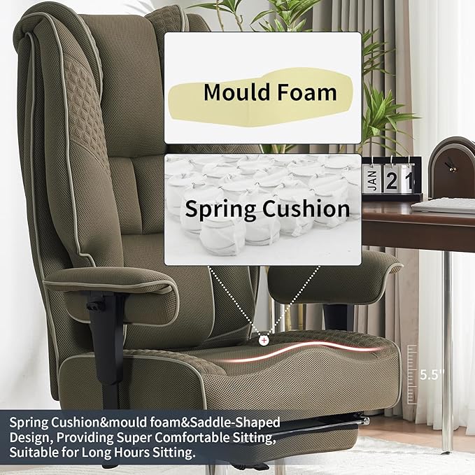 Big and Tall Office Chair 400lbs Wide Seat, Leather High Back Executive Office Chair with Lumbar Support, Ergonomic Chairs Padded Armrests & Thick Cushion (Mesh Green)