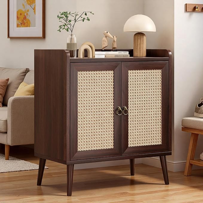 26" Rattan-Door Sideboard Cabinet with Round Pull Rings, 2-Door Credenza Buffet with Generous Storage, Modern Accent Cabinet for Living Room & Kitchen, Dark Brown