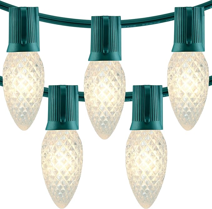 YULETIME Warm White C9 LED Christmas Lights, 25 Feet 25 Count 12" Spacing Faceted Strawberry Bulbs UL Certified Outdoor String Light Set (Warm White)