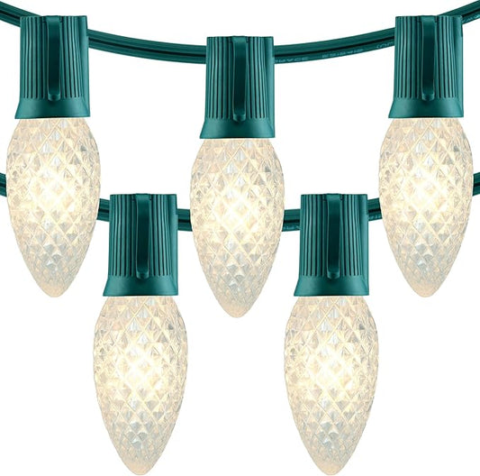 YULETIME Warm White C9 LED Christmas Lights, 25 Feet 25 Count 12" Spacing Faceted Strawberry Bulbs UL Certified Outdoor String Light Set (Warm White)