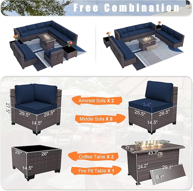 Kurapika 13 Pieces Patio Furniture Set, Rattan Wicker Outdoor Conversation Sets w/43in Propane Fire Pit Table and 4 Inch Cushion(Navy Blue)