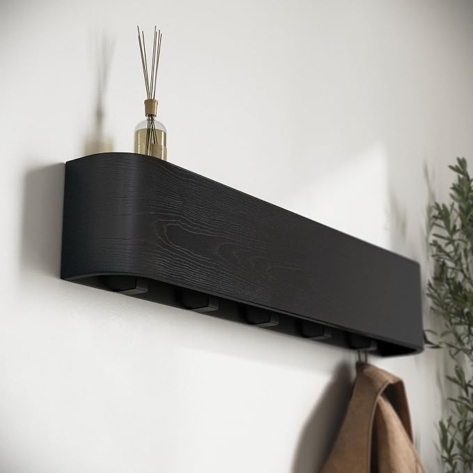 Kazai. Wall-Mounted Coat Rack 'Toke' - Modern Design Coat Rack with Hidden Wall Hooks - Solid Wood Veneer Panel Coat Hanger - Oak, Black