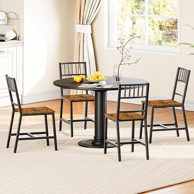 HOOBRO Kitchen Chairs Set of 4, Wooden Dining Room Chairs with Metal Frame, Dining Chair with Back, Easy to Assemble, Farmhouse Dining Chair for Living Room, Rustic Brown and Black BF39CDP401