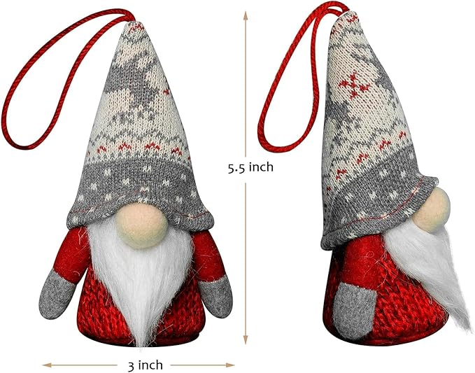 Christmas Gnome Hanging Ornaments with Lights, Handmade Swedish Tomte Plush Scandinavian Santa Elf Ornaments, Home Decorations for Shelf Table Fireplace Christmas Tree - Pack of 4