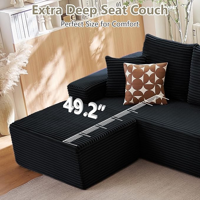 166.9" U-Shape Cloud Couch, Modern Modular Sectional Comfy L-Shape Sofa with Ottoman, Deep Seat, Upholstered Corduroy Sleeper Chaise Longue for Living Room Bedroom, No Assembly Required, Black