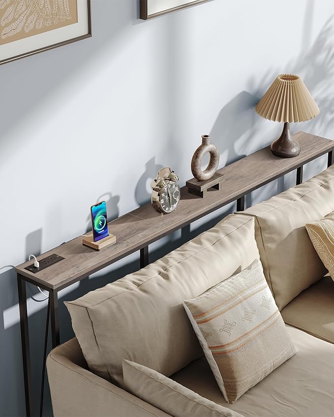 62.99" Narrow Console Table with Power Outlet 7.1" Skinny Sofa Table, Long Behind Couch with Charging Station for Hallway, Living Room Greige and Black TXG16UBG