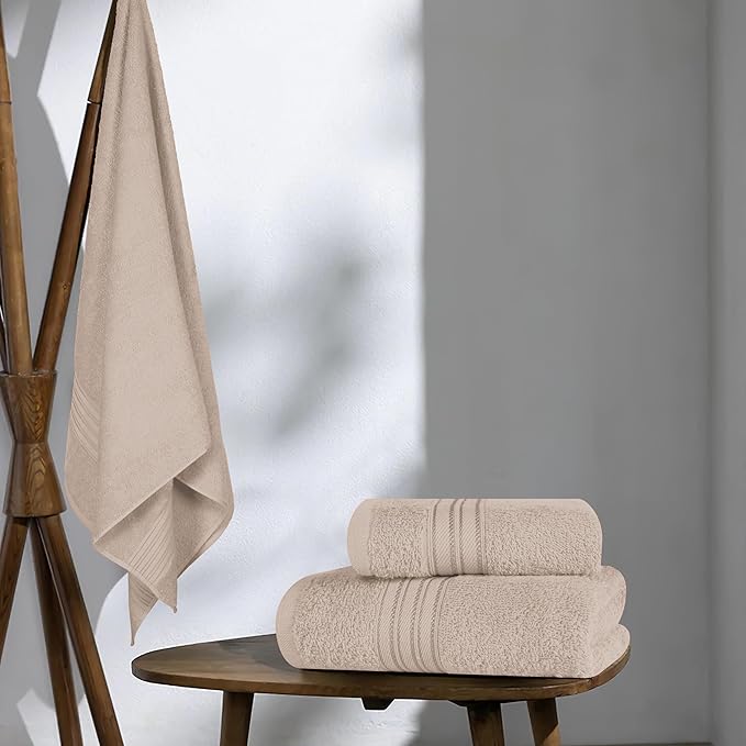 BOUTIQUO Ultra Soft 3 Pack Cotton Towel Set, Contains a Bath Towels 28x55 inch, a Hand Towels 16x24 inch & a Wash Coths 12x12 inch, Ideal Everyday use, Compact & Lightweight - Tan