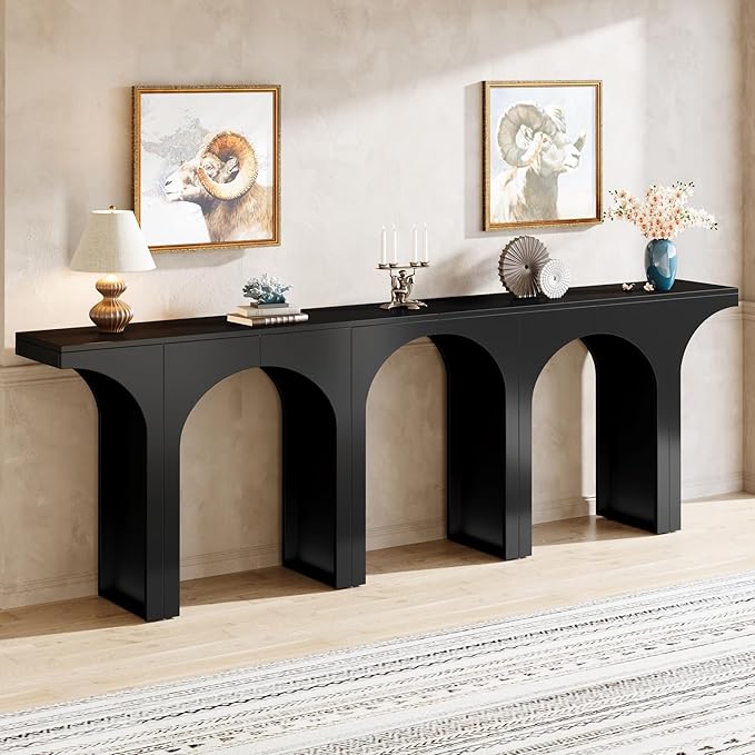 Tribesigns Black Console Table, 94-Inch Entryway Console Table, Wood Sofa Table Behind Couch with Arched Base, Narrow Hallway Table, Modern Foyer Accent Table for Entrance Living Room (Set of 2)