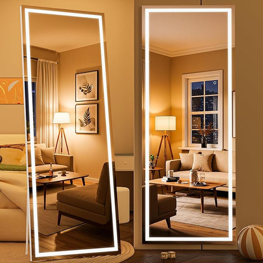 Full Length Mirror with Lights, 67" x 24" LED Lighted Floor Standing Mirror, Tempered Glass, Square White