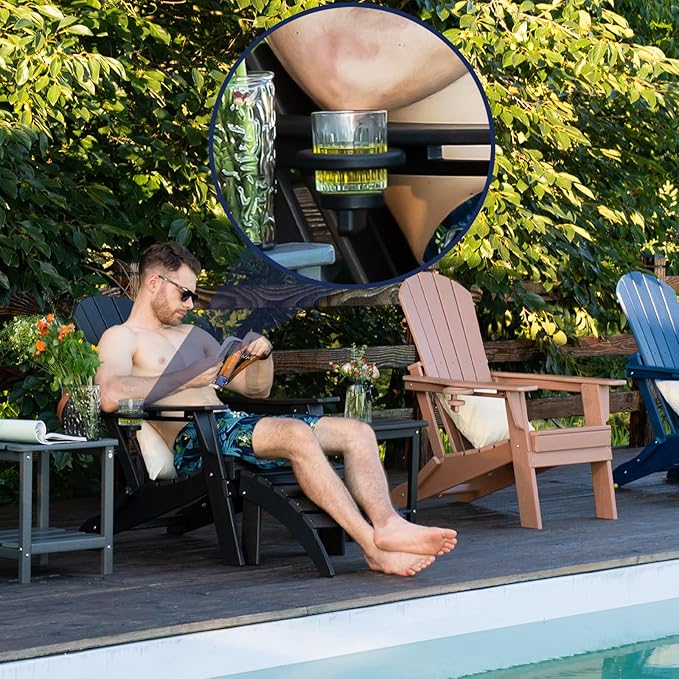 nevilywood Folding Adirondack Chair, Ergonomic Extended Backrest, HDPE All-Weather, 380lbs Capacity, Maintenance-Free, Cup Holder, （Black）- Outdoor Patio & Firepit Chair