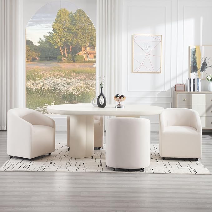 Set of 4 Modern White Upholstered Dining Chairs with Swivel Casters, Linen Barrel Back Accent Side Chair for Dining Room Living Room, Beige
