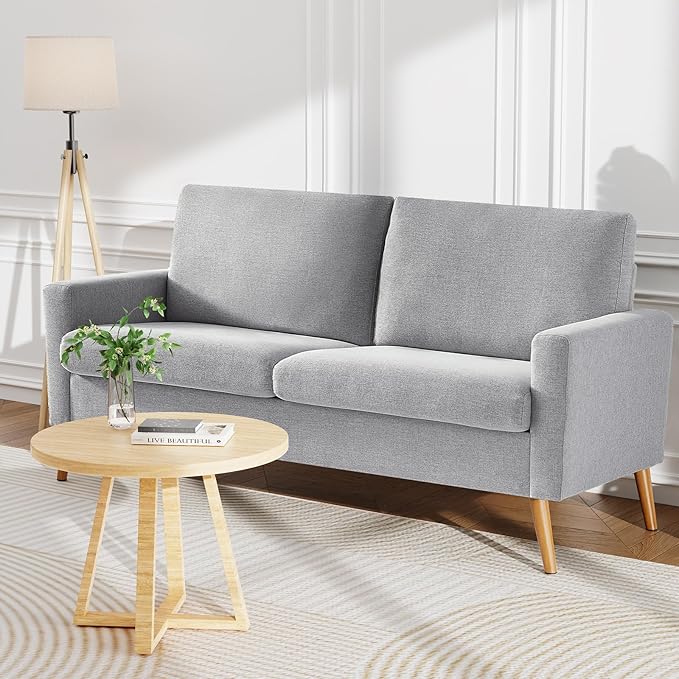 WEUP 68" Loveseat Sofa Light Grey Linen Couch, Mid Century Modern Love Seat Couches for Living Room, Small Loveseat for Bedroom Office, Comfy Sofa with Spring Cushion, Solid Wood, Tool-Free Assembly