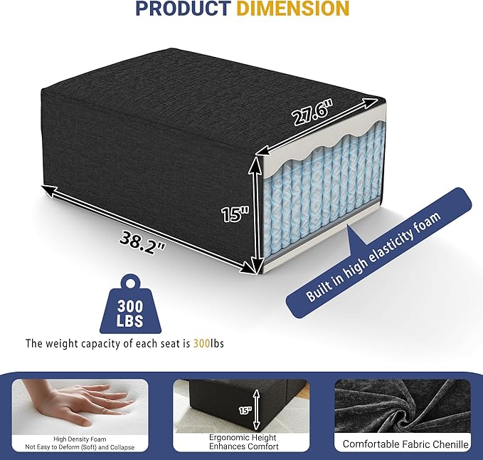 38“ Modular Sectional Sofa Convertible Cube Compressed Couch Seat Set, Combine L-Shaped U-Shaped, Free Assembly, Space-Saving for Living Room, Thick Foam Fabric Chenille Grey (Only Ottoman)