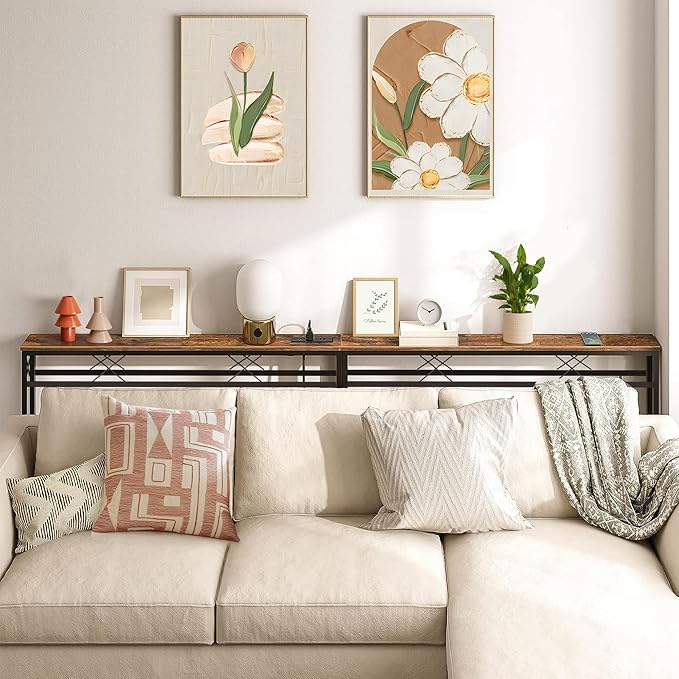 VECELO 39.4In Narrow Sofa/Console Table with Charging Station & Power Outlet and USB Ports, for Entryway, Living Room, Office, Industrial, Metal Frame, Brown