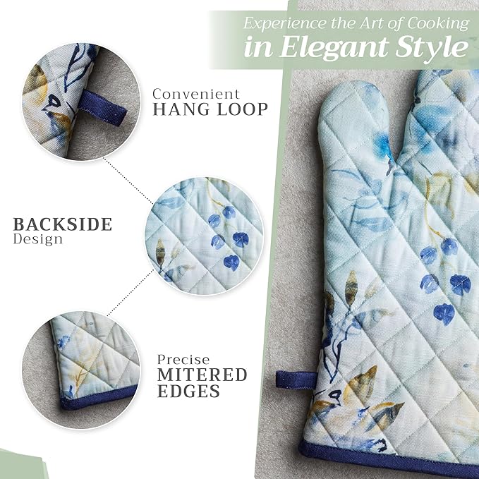 Maison d' Hermine 100% Cotton Oven Mitt & Pot Holder Set (7.5"x13" & 8"x8") Heat Resistant BBQ Cooking Gloves with Loop, Baking, Grilling, Kitchen, Handling Hot Pans Spring/Summer (Lazy Summer Days)
