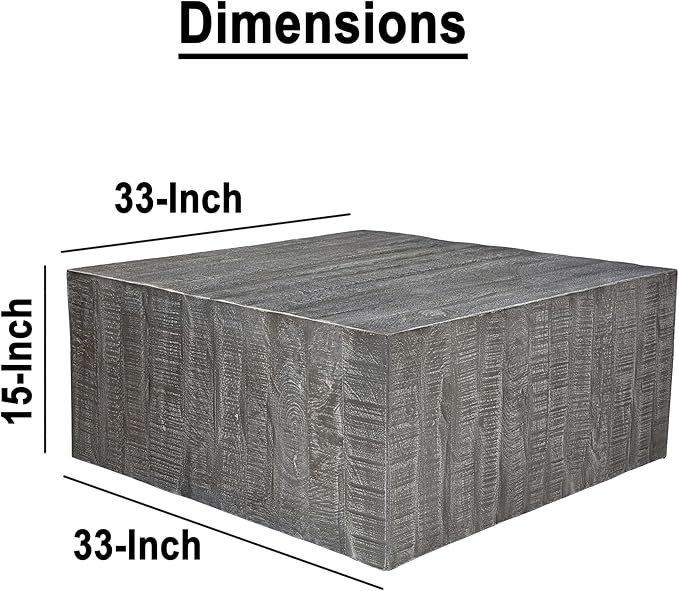 TUP THE URBAN PORT Rydan Coffee Table | 33 Inch Square Block Top | Sandblasted Gray Mango Wood