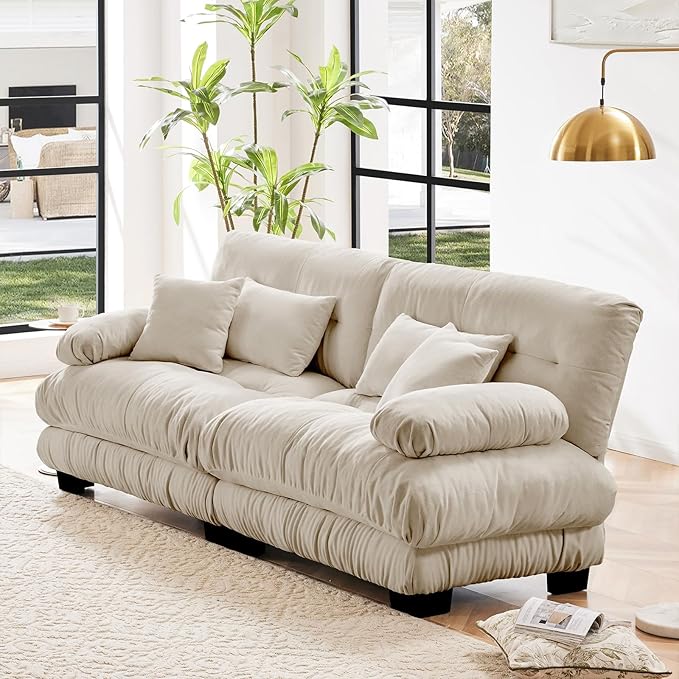 94.4” Loveseat Sofa, 2 Seater Modular Sectional Sofa, Beige Large Sectional Fluffy Couch Set, Chenille Cloud Couch with 4 Pillows, Deep Seat Sofas for Living Room