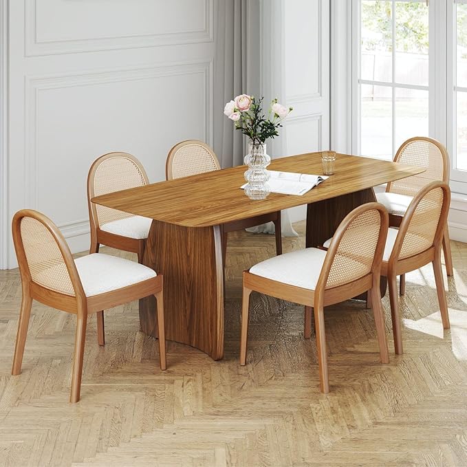 LukeAlon Modern Sherpa Dining Chairs Set of 2, Natural Woven Rattan Cane Back Side Chairs with Solid Wood Legs Mid Century Dinner Chairs for Kitchen Living Room, White