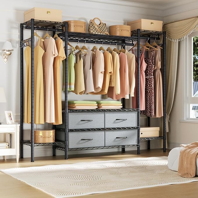 Heavy Duty Garment Rack Clothes Rack,Large Metal Closet Organizer System Storage Wardrobe,Freestanding Clothing Rack with 8 Adjustable Wire Shelves&3 Hang Rods,MaxLoad 900lbs