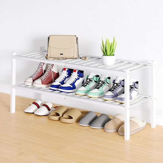 Smiry Shoe Rack, 2 Tier Long Bamboo Shoe Organizer, Stackable Free Standing Wooden Shoe Storage Shelf for Closet, Entryway, Front Door Entrance, White