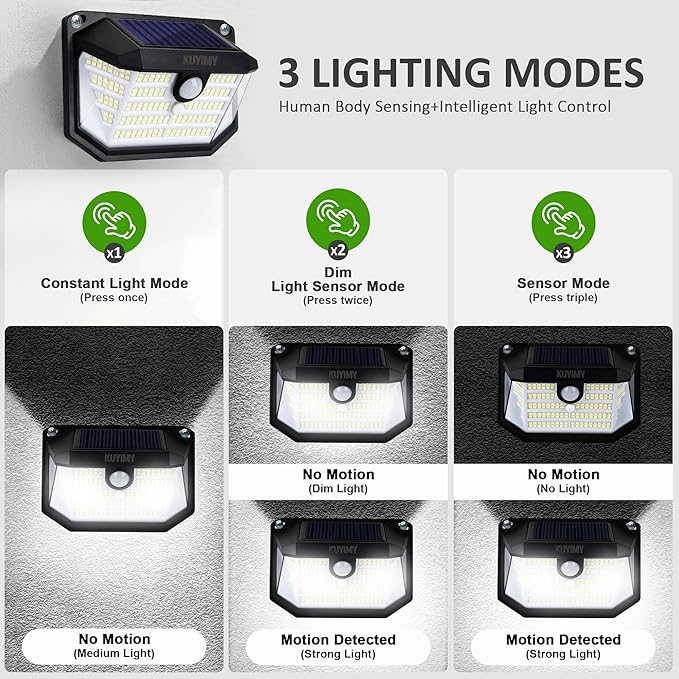 Solar Outdoor Lights, 230 LED with Motion Sensor and 3 Modes, IP65 Waterproof, 270° Wide Angle Light, Easy-to-Install Intelligent Security Wireless Wall Lights for Porch, Garage, Yard(4 Pack)