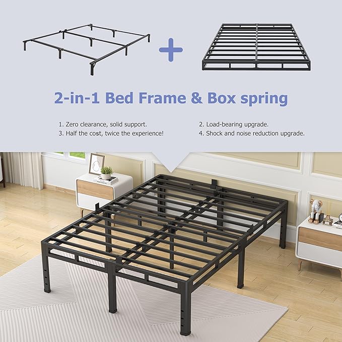 NKZ 24 Inch Full Size Bed Frame, Metal Bed Frame & Box Spring 2 in 1 Platform with Round Corner Legs, 4000Lbs Heavy Duty Metal Frame, Mattress Slide Stopper, Headboard Hole, Noise-Free, Easy Assembly