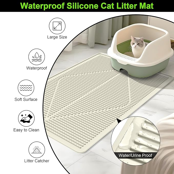 Mofason Cat Litter Mat XXL - Waterproof Kitty Litter Box mat for Floor - Extra Large Pet Trapping Litter Rug Pad - Silicone Cat Supplies & Accessories for Indoor Cats (38" x 25") -Pearl