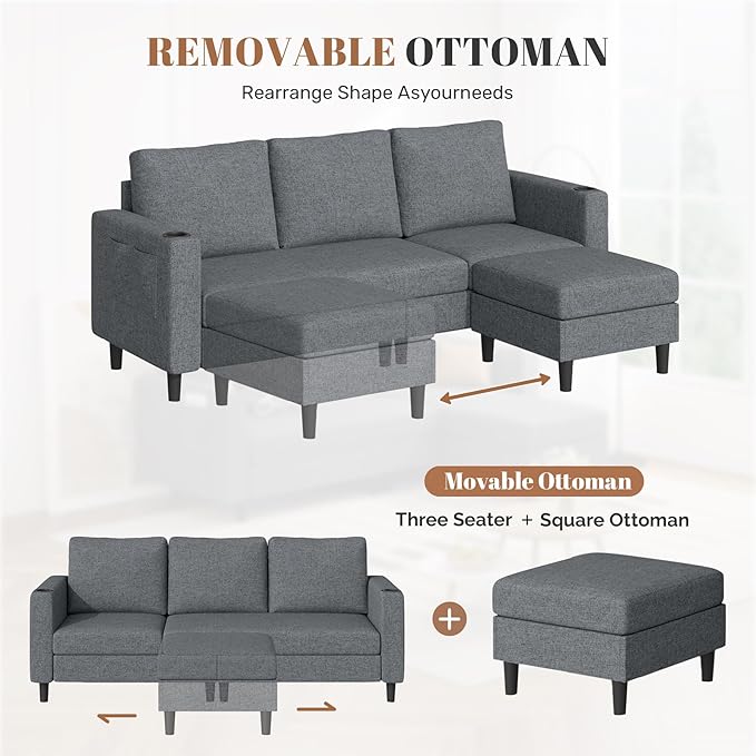 Upholstered Sectional Sofa and Couches, 78'' L Shaped 3-seat Sofa forLiving Room, Apartment, Lounge,Bedroom-Washable Covers Convertible Sofas(Linen Fabric,Dark Gary)