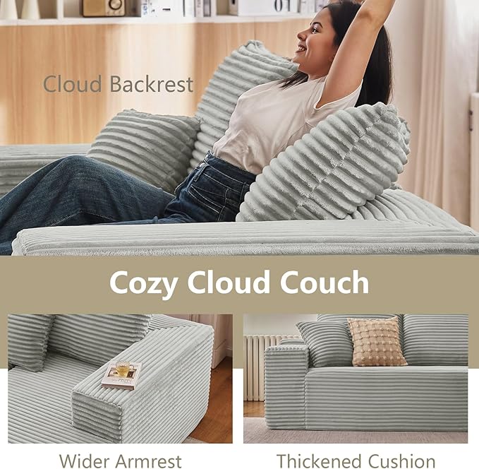 167.7" Sectional Cloud Couch for Living Room, Stupendous U Shaped Sofas, Modular Floor Deep-Seat Sofa, Big Comfy Corduroy Couches Set with Fluffy Memory Foam, No Assembly Required, Grey