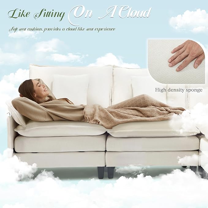 Modular Sectional Sofa, Comfy Cloud Couch with Movable Ottoman, Deep Seat Couches for Living Room, Bedroom and Apartment, 106" U Shaped Modern Sofa with Pillows, Beige