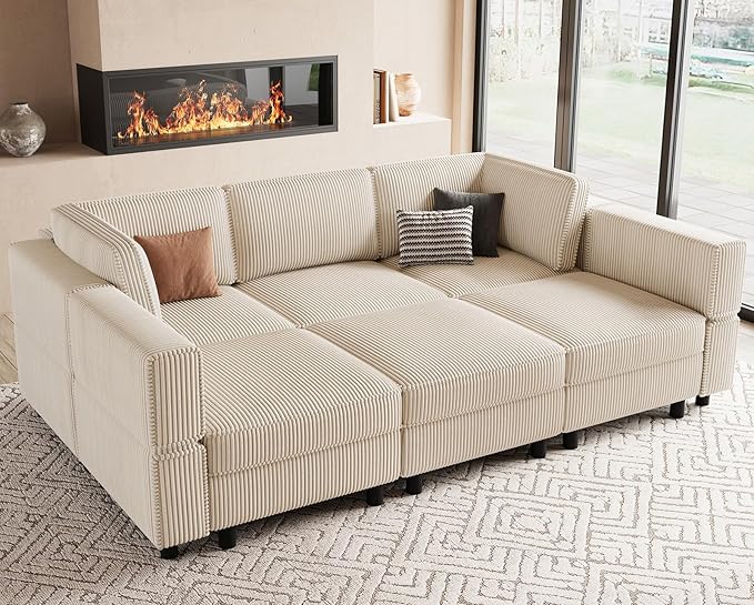 88.6" Modular Sectional Sofa with Deep Storage Seat,6 Seat Corduroy Sectional Couch Convertible Modular Sleeper Sofa Couch with Movable Ottoman Chaise,Sectional Couches for Living Room,Beige