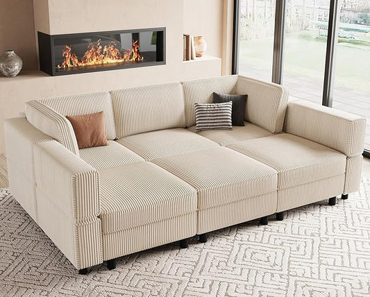 88.6" Modular Sectional Sofa with Deep Storage Seat,6 Seat Corduroy Sectional Couch Convertible Modular Sleeper Sofa Couch with Movable Ottoman Chaise,Sectional Couches for Living Room,Beige