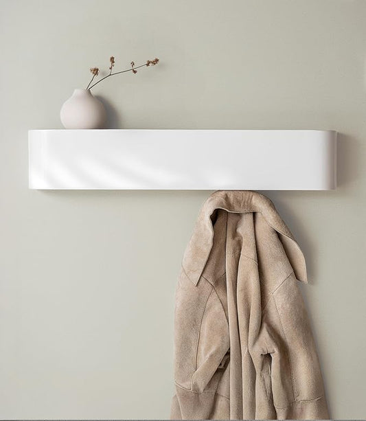 Kazai. Wall-Mounted Coat Rack 'Toke' - Modern Design Coat Rack with Hidden Wall Hooks - Solid Wood Veneer Panel Coat Hanger - White