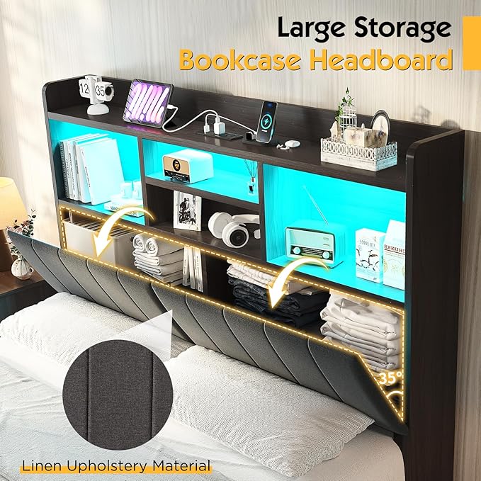 Full Farmhouse Bed Frame with Bookcase Headboard and 4 Drawers, LED Storage Bed with Charging Station & Linen Upholstered, No Box Spring Needed, Black