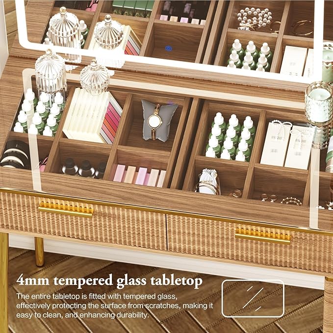 47.24" Big Modern Vanity Desk with Mirror and Lights,Makeup Vanity Desk with 5 Drawers and Storage Shelves & Power Outlet,Dressing Table with Glass Top, Oak