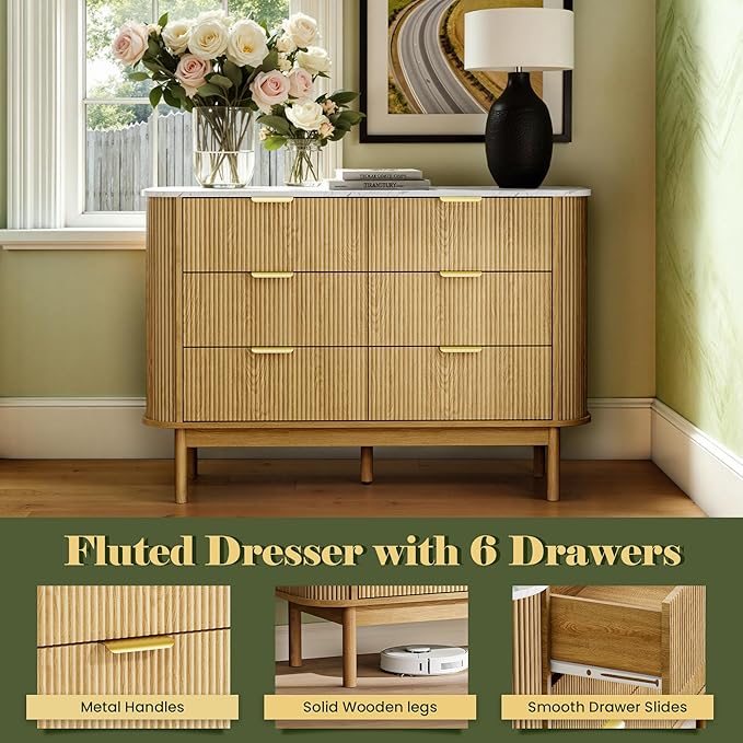 Fluted 6 Drawer Storage Cabinet, 47" Wide Chest of Drawers with Faux Marble Top & Curved Profile Design, Modern Buffet Cabinet, Wood Sideboard for Living Room, Hallway, Natural