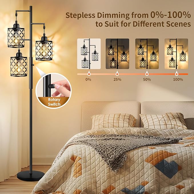 68" Dimmable Floor Lamp, Farmhouse Standing Lamp with Elegant Metal Cage, Industrial Tall Tree Floor Lamps for Living Room, Bedroom, Study Room, Office (2000LM LED Bulbs Included) - Black
